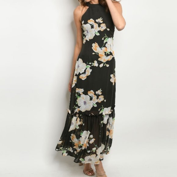 Ruffle Tier Floral Halter Maxi Dress Black - Picture 1 of 8